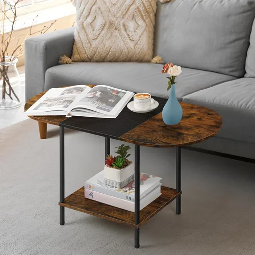 Miniatura 9 de OYEAL Mesa de Café Negra para Sala de Estar, Mesa Central Pequeña de 2 Niveles Ovalada, Mesa de Té Redonda de Granja de Media Siglo con Estante