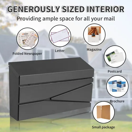 Miniatura 5 de Ydocabinit Buzón de montaje en pared, buzón de gran capacidad para casa, caja de correo metálica de acero galvanizado a prueba de óxido, buzones