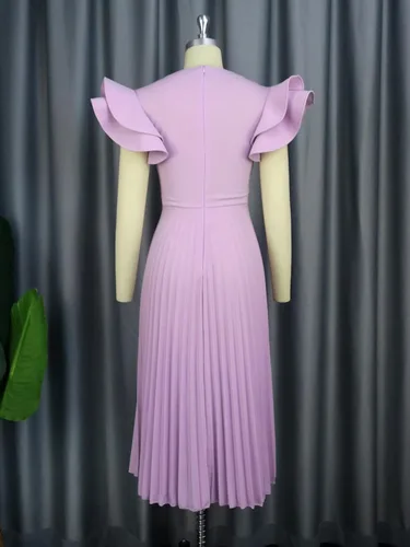 Miniatura 5 de AOMEI Vestido midi elegante plisado con cuello cuadrado y mangas con volantes para mujer