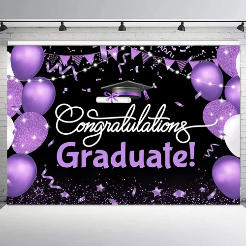 Miniatura 10 de Telón de fondo de graduación de 5 x 3 pies para sesión de fotos, globos negros y dorados, felicitaciones, graduados, clase de 2025, felicitaciones