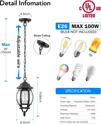 Miniatura 4 de VIANIS Lámpara colgante negra para exteriores, luces exteriores colgantes de aluminio con impermeable, luces de techo al aire libre para porche