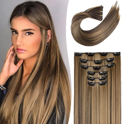 Miniatura 15 de LONAI 6 extensiones de cabello con clip, 24 pulgadas de largo, lacio, sintético, postizo para mujer, rubio ceniza natural