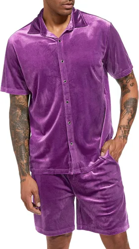 Miniatura 7 de LecGee Conjunto de pantalones cortos casuales de verano para hombre, camisa de terciopelo de manga corta con botones, pantalones cortos de cintura