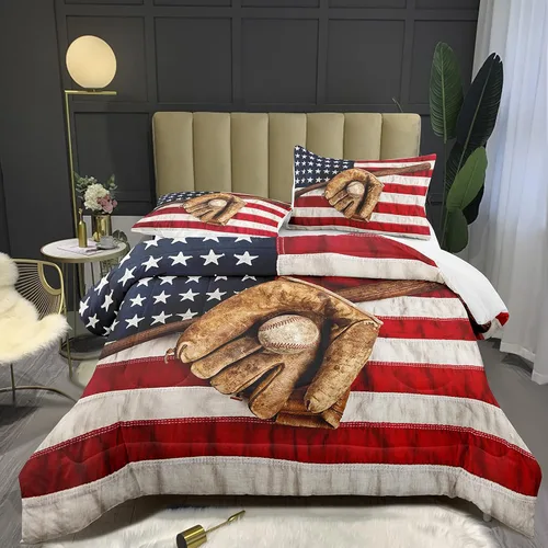 Juego de edredón de béisbol Bodhi individual para niños, juego de edredón individual con bandera americana, juego de ropa de cama deportiva para