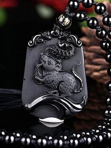 Miniatura 3 de Collar de animales de zodiaco chino con cuentas de obsidiana natural con cadena de cuentas ajustable, Obsidiana, Obsidiana