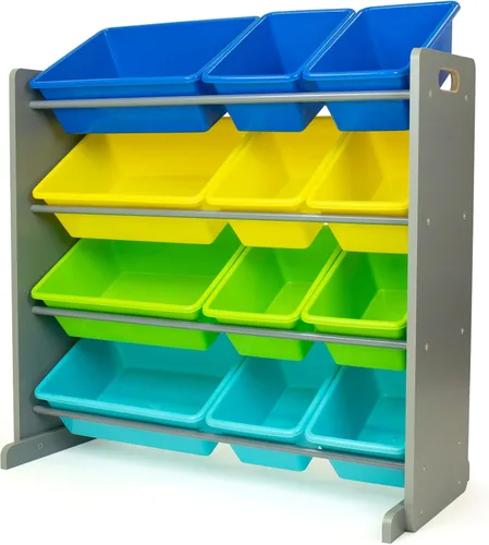 Miniatura 17 de Humble Crew Organizador de almacenamiento de juguetes para niños con 12 cubos de plástico, madera natural/aguamarina, contenedores extraíbles
