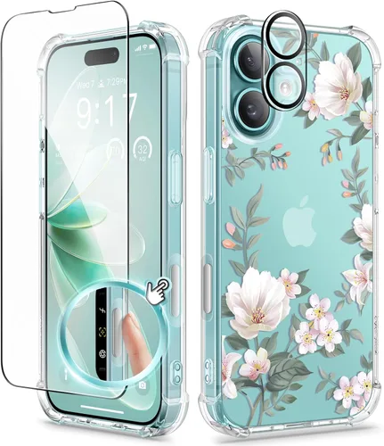 Miniatura 23 de GVIEWIN - Funda floral para iPhone 14 de 6.1 pulgadas, protector de pantalla + protector de lente de cámara, no se amarillenta, a prueba de golpes