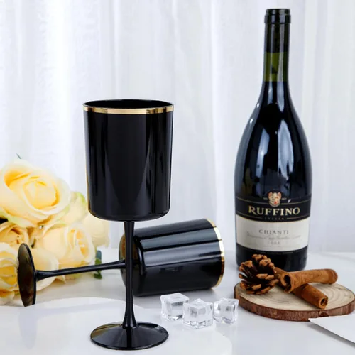 Miniatura 7 de Ciaell Paquete de 12 copas de vino de plástico negro de 10 onzas con tallo – Copas de vino desechables negras y doradas, perfectas para fiestas