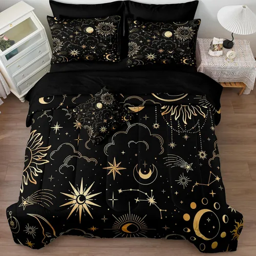 Bedding_Dreamer Black and Gold Queen Bed in a Bag Sun and Moon Bedding Set Mysterious Space Home Decor Galaxy Down Comforter Black Sheet Sets 8 Pcs
