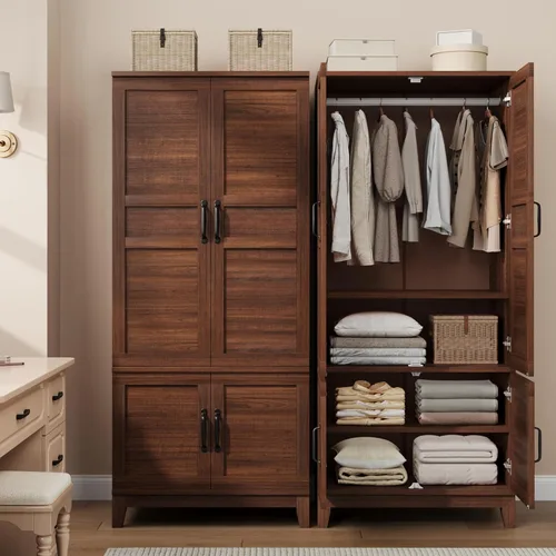 Miniatura 3 de GarveeHome Armario de 72 pulgadas de alto con 4 puertas, armario grande de madera con barra para colgar y estantes ajustables, armario