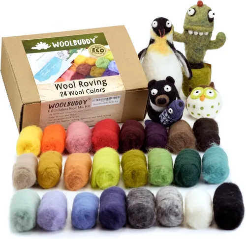 Woolbuddy Kit de lana para itinerar – 24 colores surtidos Corriedale con guía de fieltro – Lana Corriedale premium para aguja y fieltro húmedo,