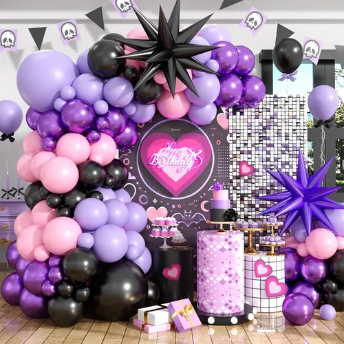 Kit de guirnalda de arco de globos rosa y morado, globos de cumpleaños negros estilo macarrón metálico morado rosa, globos de papel de aluminio con