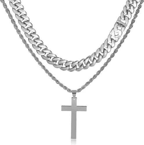 2 collares de cruz para hombres y mujeres, cadena de eslabones cubanos de plata dorada y negra para hombres, cadena de cuerda en capas, collar con