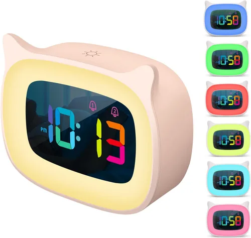 Reloj despertador con orejas de gato lindo con luz nocturna RGB de 7 colores y 18 tonos de llamada, reloj recargable para dormitorio infantil,