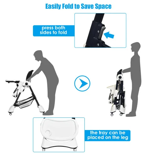 Miniatura 5 de INFANS Silla alta con bandeja extraíble con una sola mano, 4 ruedas bloqueables y cesta de almacenamiento grande, altura multiajustable, reclinable