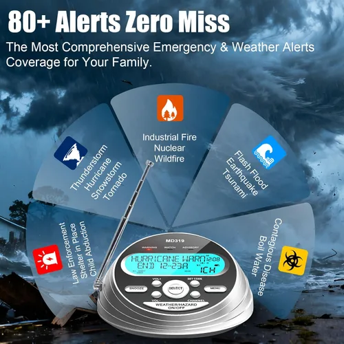 Miniatura 10 de NOAA Weather Radio-S.A.M.E. Programación localizada, radio de alerta meteorológica con más de 80 alertas de emergencia, reloj despertador, radio