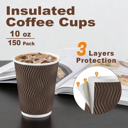 Miniatura 2 de BYSNOW Paquete de 150 tazas de café de 10 onzas, vasos de papel desechables, pared ondulada aislada para bebidas calientes o bebidas frías