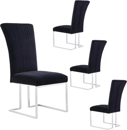 Miniatura 13 de AUZ Juego de 6 sillas de comedor negras y doradas, sillas tapizadas de terciopelo negro con patas de trineo de acero inoxidable pulido, sillas