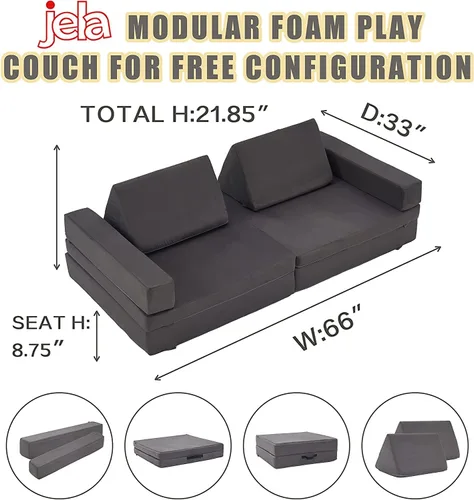 Miniatura 2 de jela Sofá de juego para niños, tamaño extendido, 8 piezas para la familia, sofá modular de espuma para niños y adultos, juego de casa