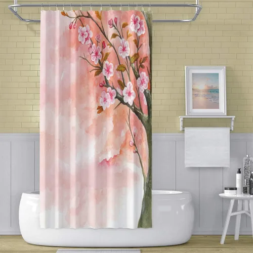Miniatura 14 de Cortina de ducha japonesa con flores de cerezo blanco, pétalos que caen, decoración de fondo rosa, tela impermeable, cortina de baño floral