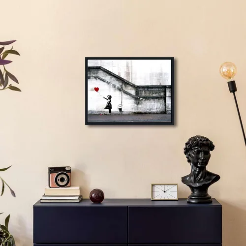 Miniatura 2 de Wieco Art Lienzo enmarcado para pared, impresiones en lienzo Giclée de Banksy Grafitti Girl con globo rojo, ilustraciones abstractas para decoración