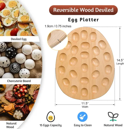 Miniatura 2 de Lounsweer Bandeja reversible de madera para huevos y charcutería, bandeja gruesa para encimera, refrigerador, contenedor de huevos de gallina