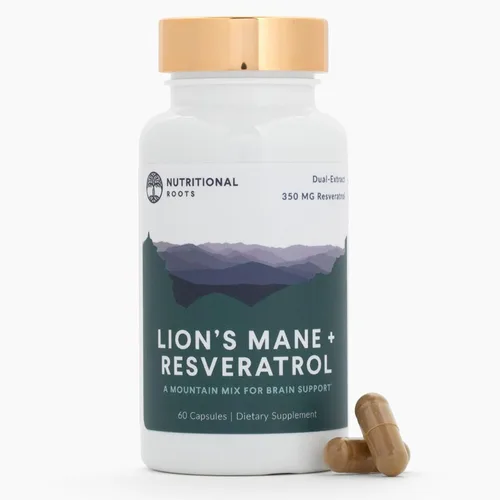 Nutritional Roots - Melena de león + Resveratrol - Con 800 mg de extracto de melena de león y 350 mg de trans-resveratrol por porción - Apoya la