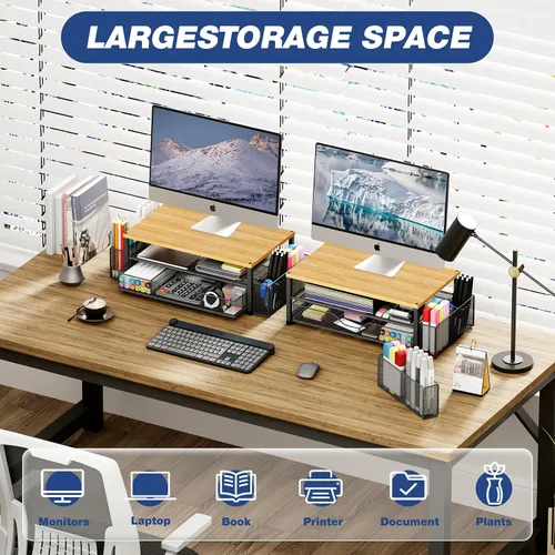 Miniatura 4 de OPNICE - Organizadores y accesorios de escritorio, con soporte de monitor de computadora de 2 niveles, cajón y 2 soportes para bolígrafos, Roble