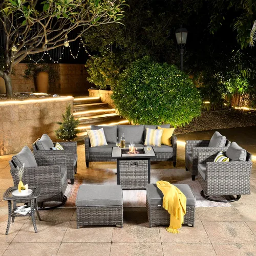 Miniatura 41 de ovios Juego de muebles de patio de 7 piezas con mesa cuadrada para hoguera, sillas mecedoras giratorias, juego de conversación de mimbre de respaldo