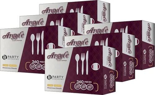 Miniatura 14 de Party Bargains - Cubiertos de plástico transparente 2,160 piezas: 1,080 tenedores, 720 cucharas, 360 cuchillos. Argyle Design - Juego de cubiertos