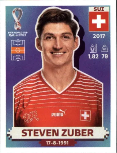 2022 Panini World Cup Soccer Sticker #SUI16 Steven Zuber Switzerland Group G Official Qatar WC Album Sticker in Raw (NM or Better) - Measuring 2