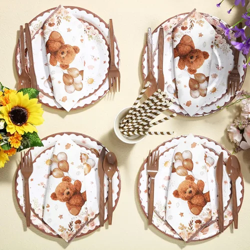 Miniatura 6 de Bokon 200 piezas de decoración de oso para baby shower para 25 invitados, platos de papel para baby shower, juegos de servilletas, suministros