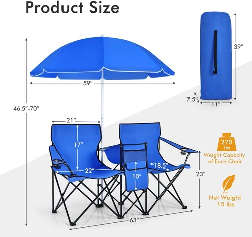 Miniatura 3 de Tangkula Sillas de campamento dobles con paraguas, silla de campamento plegable portátil de 2 asientos con bolsa enfriadora, soporte para bebidas
