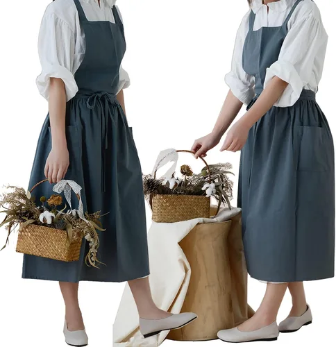 Miniatura 8 de VLZUFE Delantal de lino y algodón para mujer, con espalda cruzada, con bolsillos, para trabajos de jardinería, vestido delantal, color negro