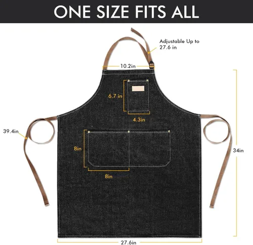 Miniatura 6 de ROTANET Delantal de trabajo de mezclilla con 3 bolsillos, delantales para chef, estilista, cocina, carpintería, para hombres y mujeres, azul y negro