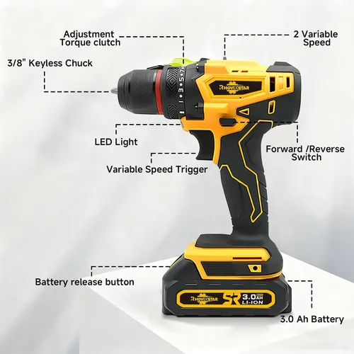 Miniatura 4 de Rhovixster - Taladro eléctrico inalámbrico de 20 V, 2 velocidades con 2 baterías y cargador rápido, portabrocas sin llave de 3/8 pulgadas, kit de 2