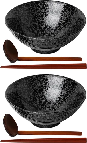 Miniatura 9 de Kanwone Juego de cuencos de cerámica japoneses para ramen, cuencos de sopa de fideos, 37 onzas, con cucharas y palillos a juego para fideos Negro