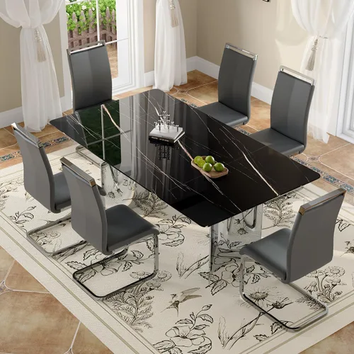 Miniatura 10 de Moderno juego de mesa de comedor para 6, 7 piezas, mesa rectangular de mármol sintético de 71 pulgadas con base de acero inoxidable plateado