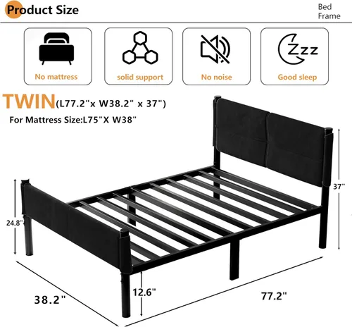 Miniatura 2 de Base de cama metálica, base de cama tamaño individual de 14 pulgadas con espacio de almacenamiento, base de colchón resistente y de trabajo pesado