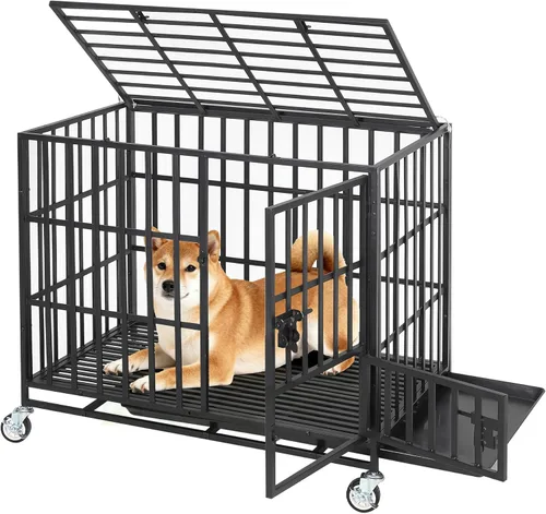 Miniatura 11 de Garvee Jaula para perros de 42 pulgadas, resistente de metal, a prueba de escapes, con 3 puertas, bandeja extraíble, jaula grande con ruedas