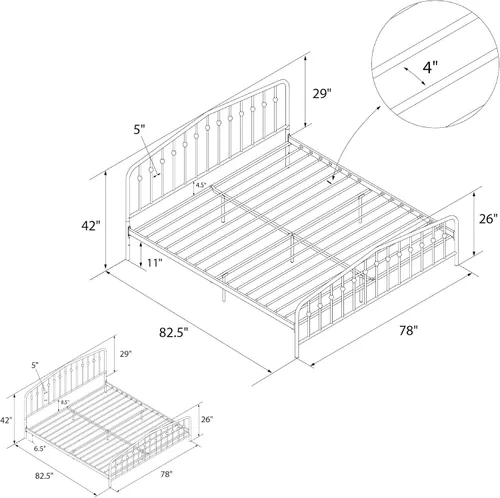 Miniatura 8 de Novogratz Bushwick - Marco de cama Queen de metal con cabecera ligeramente triangular, husillos insertados, base ajustable para almacenamiento,