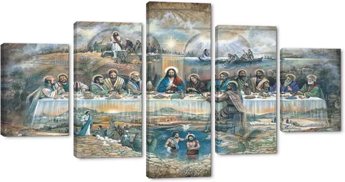 Miniatura 21 de The Last Supper - Pintura sobre lienzo para pared de sala de estar, 5 piezas, arte de pared de la última cena, retro, vintage, de madera, moderno