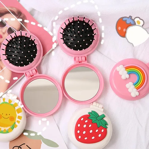 Miniatura 3 de Cepillo de pelo de viaje, peine de bolsillo con mini espejo, cepillos de pelo plegables compactos, redondos, mini peine de masaje compacto