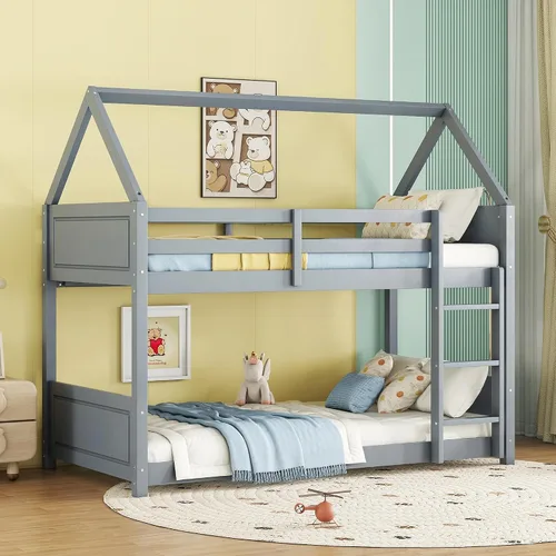 Miniatura 22 de JIVOIT Litera de madera con diseño de techo y ventanas, litera individual sobre individual con nido y escalera integrada para niños, adolescentes