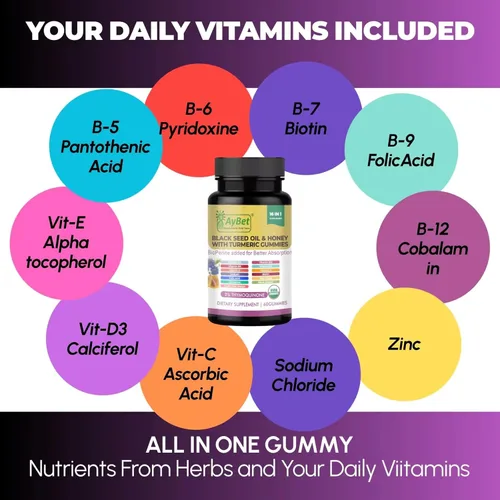 Miniatura 7 de Gomitas de aceite de semillas negras y miel con cúrcuma – Suplemento 16 en 1 con vitaminas D3, B12, biotina y zinc – USDA orgánico, halal, vegano