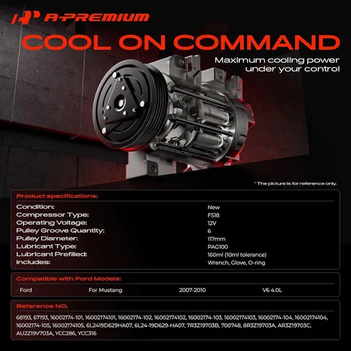 Miniatura 2 de A-Premium Compresor de CA con embrague compatible con Ford Mustang 4.0L 2007-2010, con compresor FS18, 6 ranuras