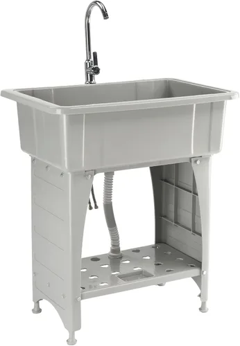 Miniatura 9 de ROVSUN Fregadero utilitario de plástico negro de 20 galones con grifo de agua caliente y fría, capacidad de carga de 150 libras, altura y versión