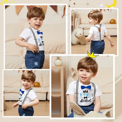 Miniatura 35 de Conjunto de ropa de cumpleaños para bebé niño pequeño, con tirantes, pantalones de mezclilla rasgados