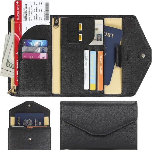 Miniatura 26 de Zoppen - Billetera de viaje con bloqueo RFID multiusos (Ver.4) Portatarjetas de pasaporte y vacunas, organizador de documentos de tres pliegues