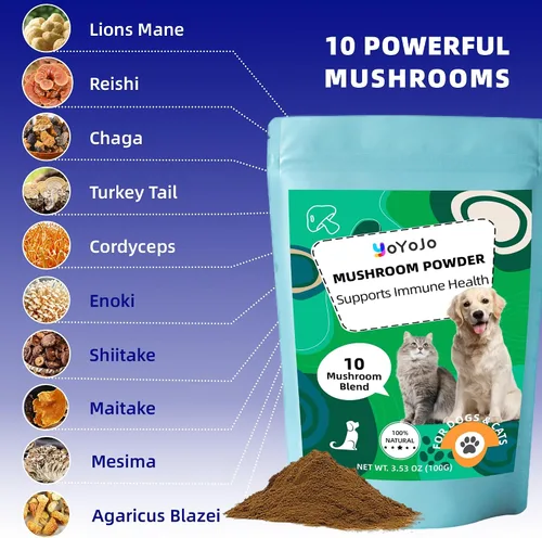 Miniatura 4 de Extracto de hongos en polvo para perros y gatos – Complejo de 10 hongos suplemento para mascotas para inmunidad, salud celular, cognición